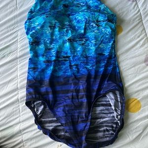 Longitude Women’s ‘Shades of Blue’ and Black One Piece Foam Cups Swimsuit Sz 10